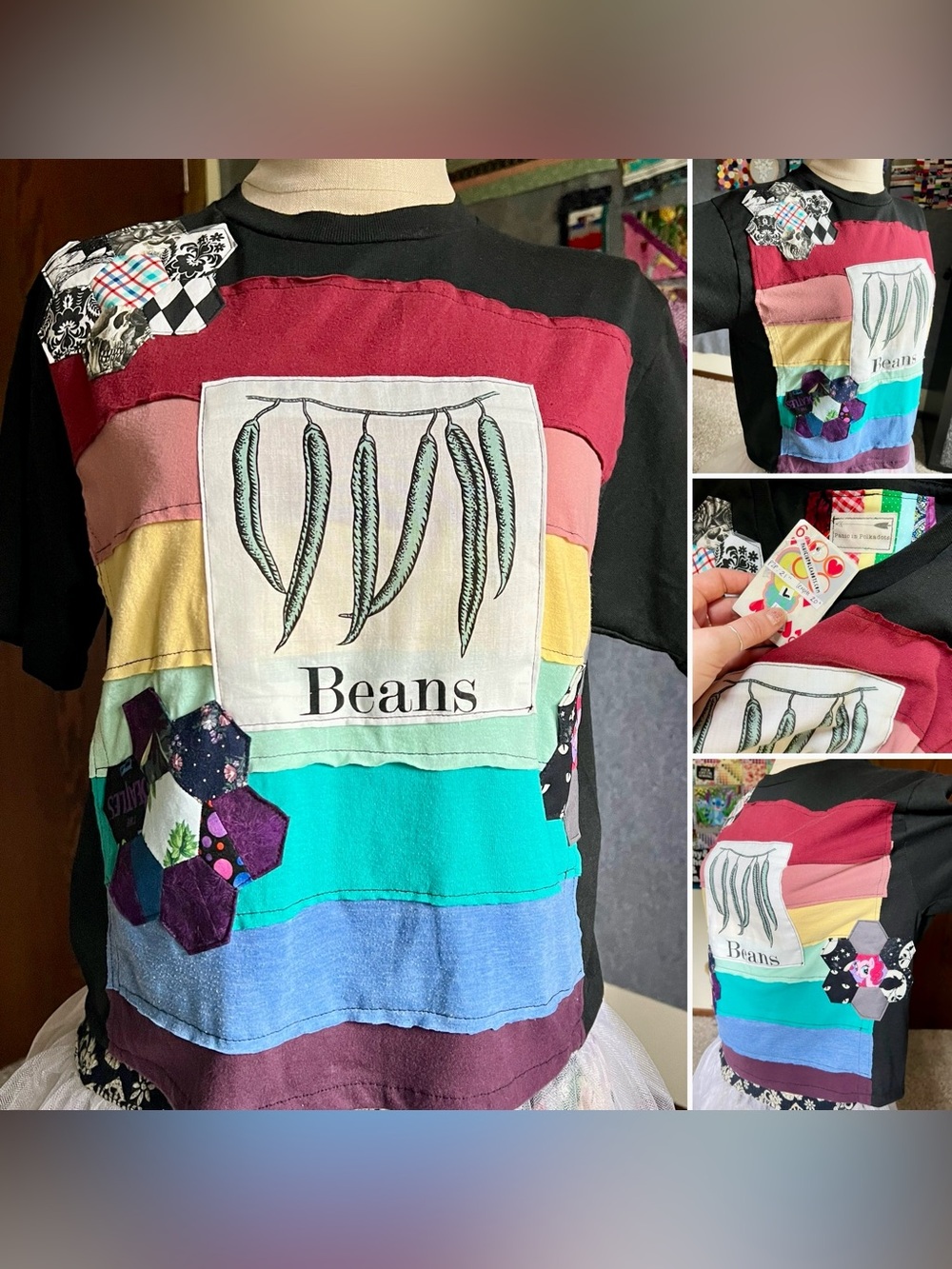 Rainbow Stripes Tee Shirt - Hexie Flowers and Green Beans